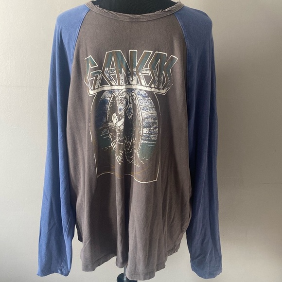 Lucky Brand Genesis Distressed Baseball Long Sleeve Tee Brown & Blue Sz XL NWOT - Picture 1 of 8